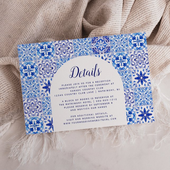 Carte D'accompagnement Mariage d'arche en carreaux blancs bleu portugais (Créateur téléchargé)