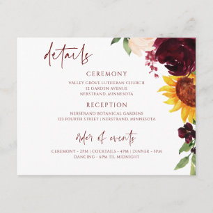 Carte D'accompagnement Mariage de automne Sunflower & Bourgogne Roses Dét