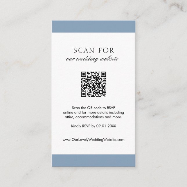 Carte D'accompagnement Mariage de code QR moderne bleu poussiéreux minima (Devant)