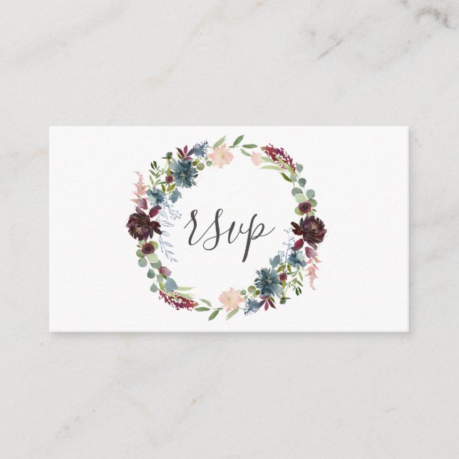 Carte D'accompagnement Mariage de la couronne de fleurs bordeaux et bleu  (Devant)
