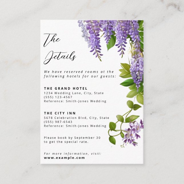 Carte D'accompagnement Mariage de la glycine violette à pendaison botaniq (Devant)