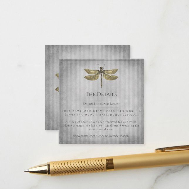 Carte D'accompagnement Mariage de libellules à bijoux en or (Devant/Arrière en situation)