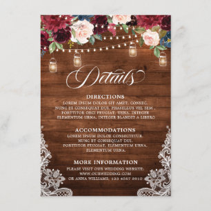 Carte D'accompagnement Mariage de Mason Jar en Bourgogne de bois rustique