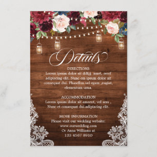 Carte D'accompagnement Mariage de Mason Jar en Bourgogne de bois rustique