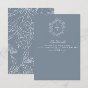 Carte D'accompagnement Mariage de monogramme de crête florale bleu-poussi