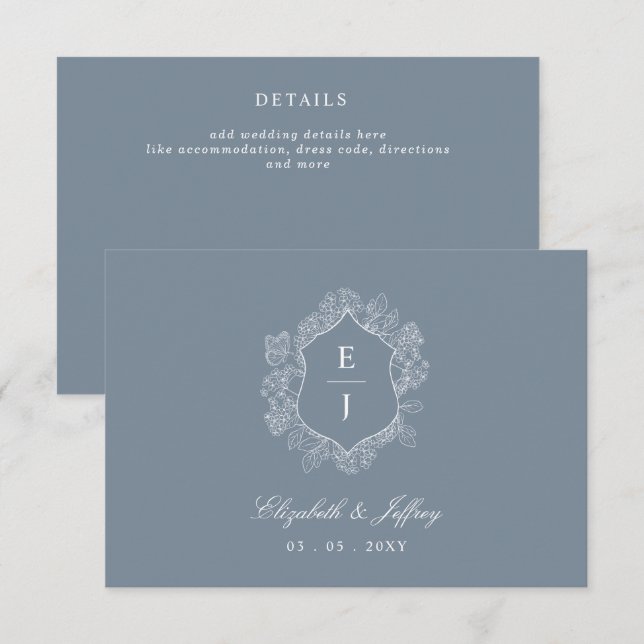 Carte D'accompagnement Mariage de monogramme de crête florale bleu-poussi (Devant / Derrière)