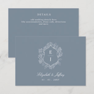 Carte D'accompagnement Mariage de monogramme de crête florale bleu-poussi