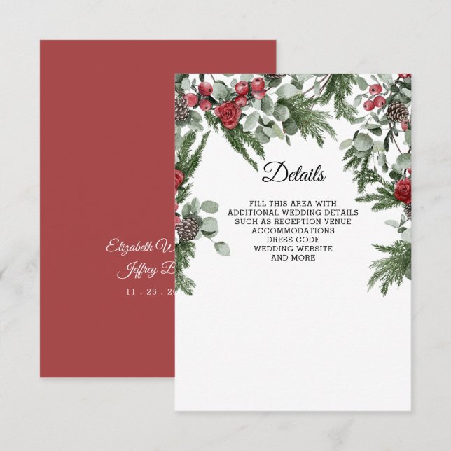 Carte D'accompagnement Mariage de Noël d'hiver des baies de pin rustique (Devant / Derrière)