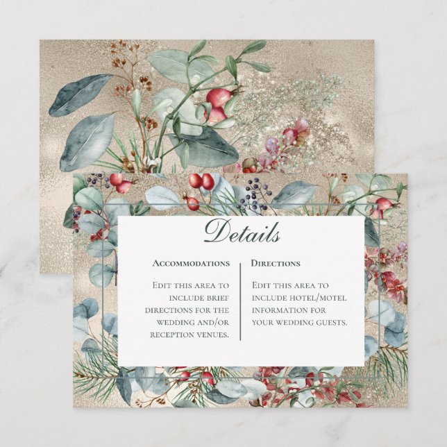 Carte D'accompagnement Mariage de Noël hivernal avec détails dorés (Devant / Derrière)
