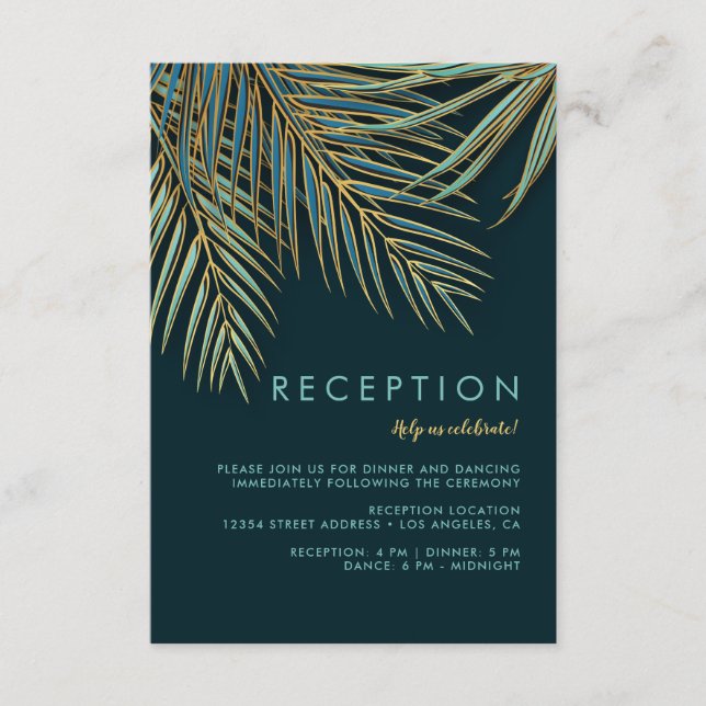 Carte D'accompagnement Mariage de plage moderne Palm Gold Green Tropical (Devant)