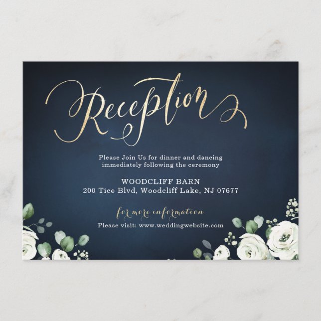 Carte D'accompagnement Mariage de réception floral blanc et marine écritu (Devant)