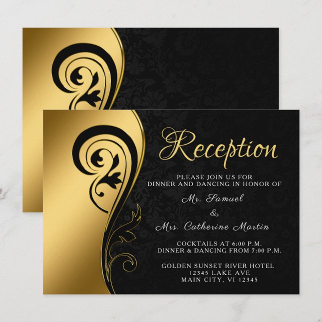 Carte D'accompagnement Mariage de réception Noir Or Anniversaire Personna (Devant / Derrière)