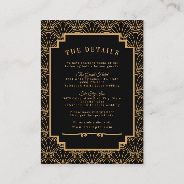 Carte D'accompagnement Mariage de ventilateur Art déco noir et or (Devant)