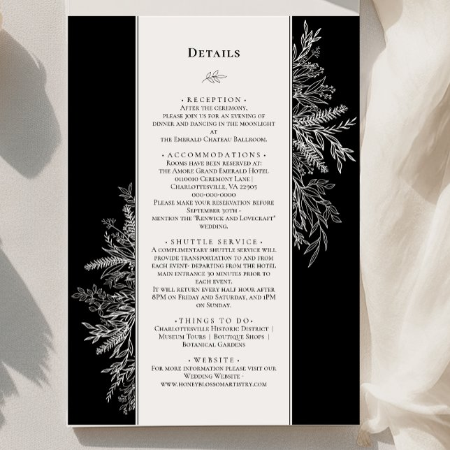 Carte D'accompagnement Mariage de verdure noir et blanc Détails du monogr (Créateur téléchargé)