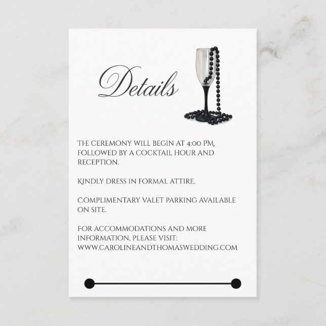 Carte D'accompagnement Mariage de verre de champagne Black & White Pearl (Devant)