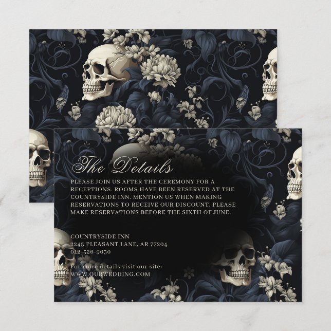 Carte D'accompagnement Mariage des crânes et des fleurs gothiques foncés (Devant / Derrière)
