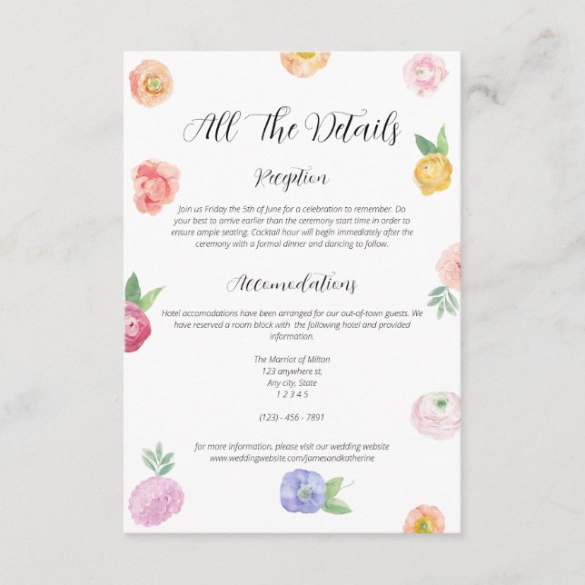 Carte D'accompagnement Mariage des détails floraux de l'aquarelle de prin (Devant)