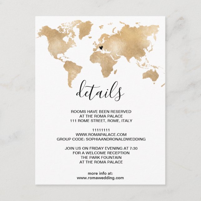Carte D'accompagnement Mariage Destination World Map Gold Removable Heart (Devant)