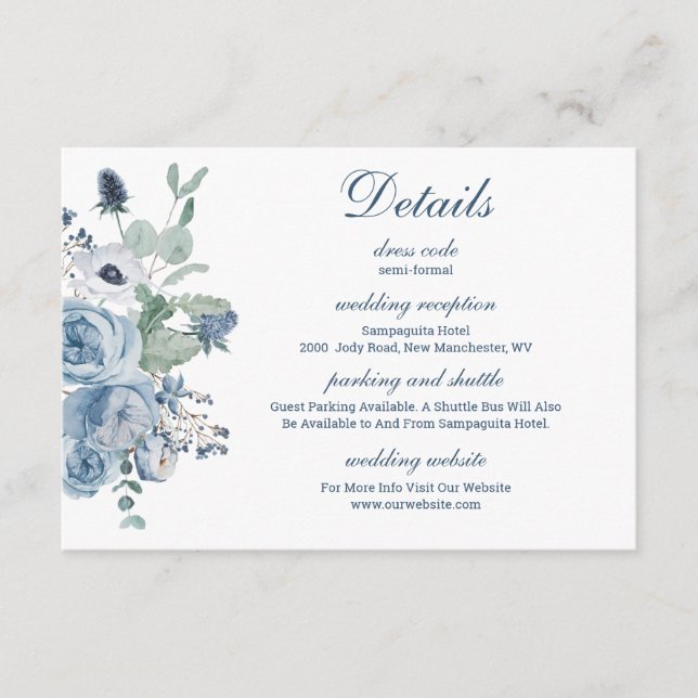Carte D'accompagnement Mariage Détails Floral Bleu (Devant)