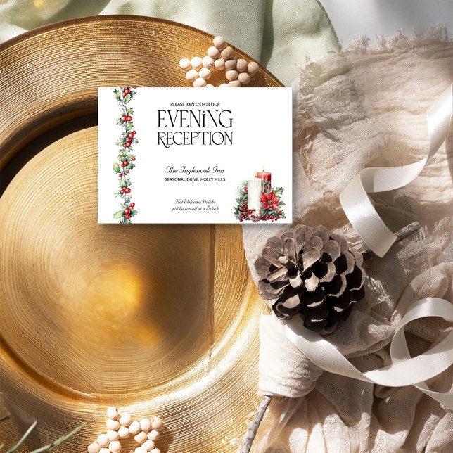 Carte D'accompagnement Mariage d'hiver Holly Candles Red Berries Réceptio (Evening Reception Card from the Holly Bells Wedding Collection by Darling & May)