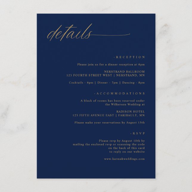 Carte D'accompagnement Mariage d'or de la marine Détails romantiques déli (Devant)