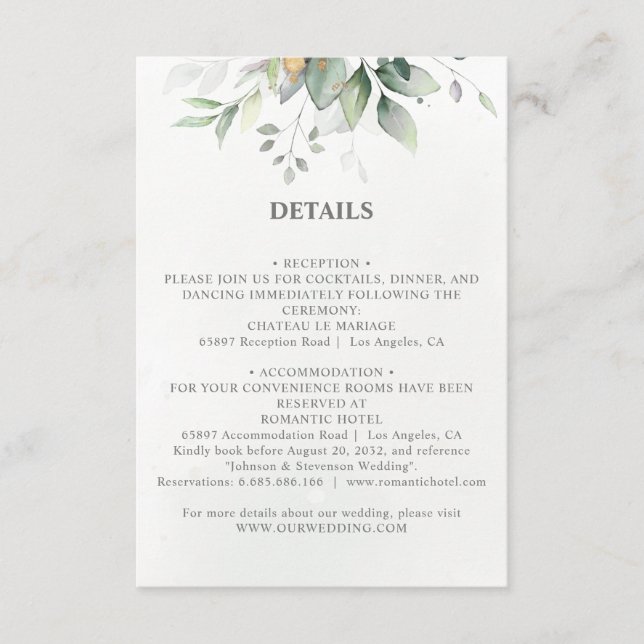 Carte D'accompagnement Mariage d'or feuille d'eucalyptus à la végétation  (Devant)