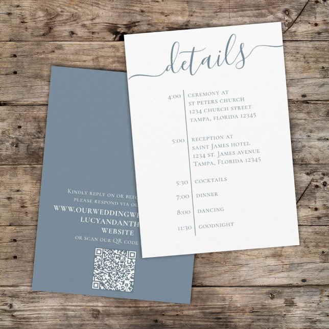 Carte D'accompagnement Mariage Dusty Blue Détails QR Code Simple Timeline (Créateur téléchargé)