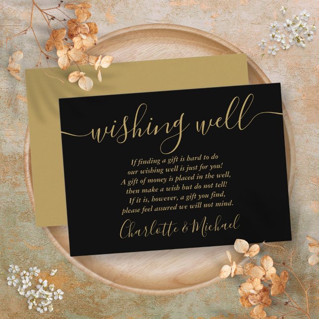 Carte D'accompagnement Mariage écriture noire et or de la fontaine de vœu (Wishing Well Black And Gold Script Wedding Enclosure Card)