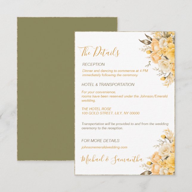 Carte D'accompagnement Mariage Élégant avec des Roses Jaunes et Ivoire (Devant / Derrière)