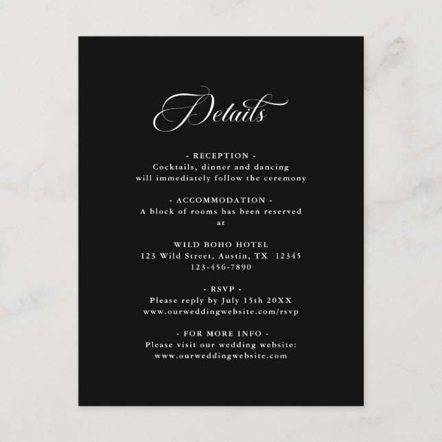 Carte D'accompagnement Mariage élégant délicat Noir (Devant)