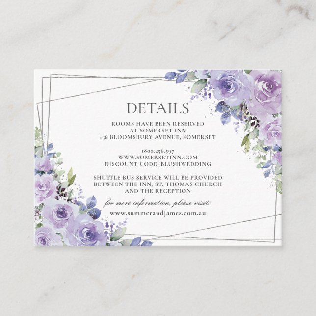 Carte D'accompagnement Mariage élégant violet Lilac Floral Argent Détails (Devant)