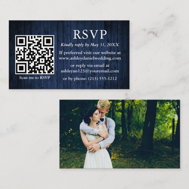 Carte D'accompagnement Mariage en bois bleu rustique QR Photo RSVP (Devant / Derrière)