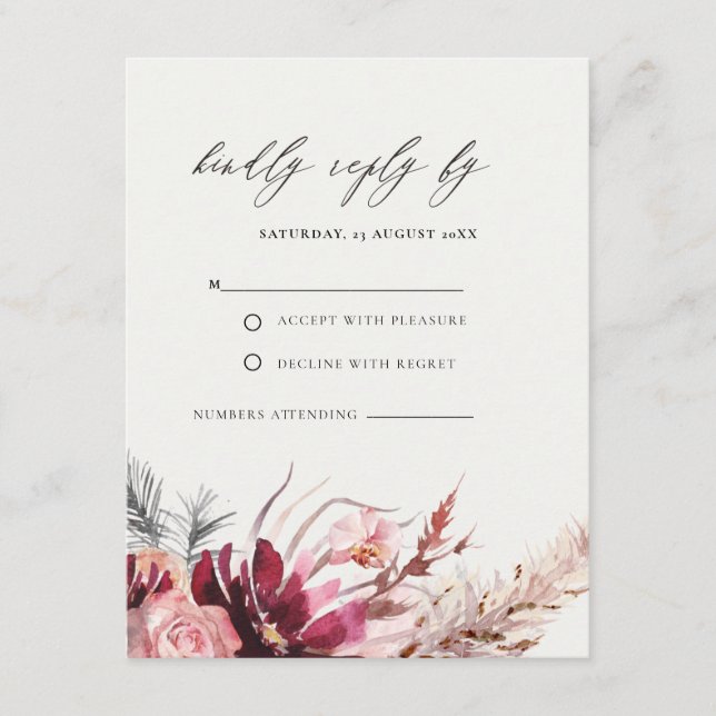 Carte D'accompagnement Mariage en herbe de Pampas Floral Bourgogne RSVP E (Devant)