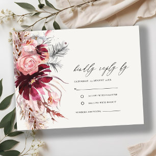 Carte D'accompagnement Mariage en herbe de Pampas Floral Bourgogne RSVP E