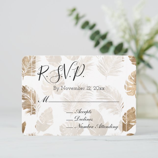Carte D'accompagnement Mariage Feuille Tropical Or RSVP (Debout devant)