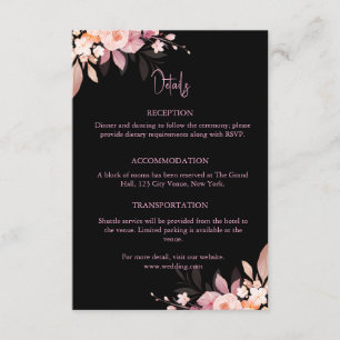 Carte D'accompagnement Mariage Fleur Rose Noir et Blush