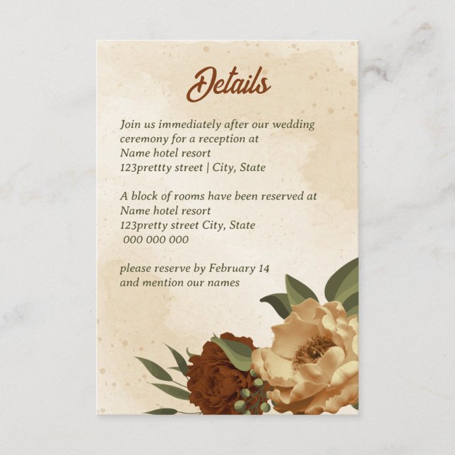 Carte D'accompagnement mariage fleuri rustique en terre cuite (Devant)