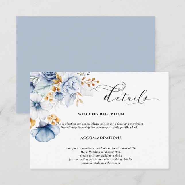 Carte D'accompagnement Mariage Fleurie Bleu Poussiéreux Blanc Or  (Devant / Derrière)