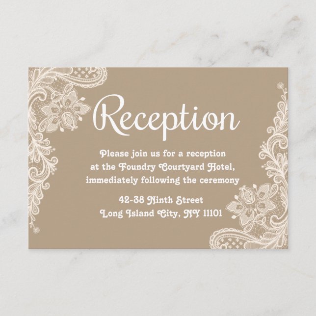 Carte D'accompagnement Mariage Fleurs de dentelle marron et blanc récepti (Devant)