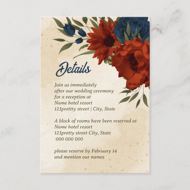 Carte D'accompagnement mariage fleurs marine orange brûlé (Devant)