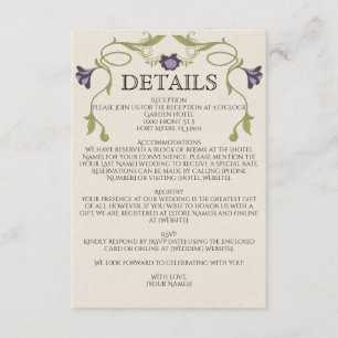 Carte D'accompagnement Mariage Floral Art Nouveau Vintage Violet Lilas