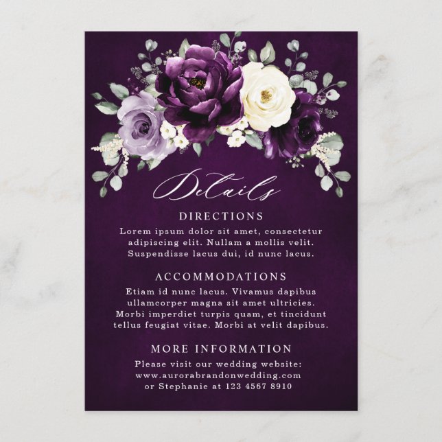 Carte D'accompagnement Mariage floral blanc blanc d'aubergine de prune vi (Devant)