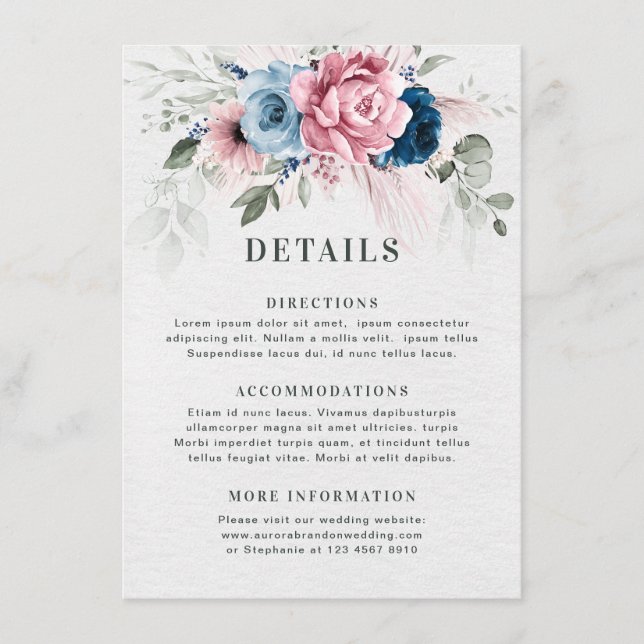 Carte D'accompagnement Mariage floral bleu bleu bleu pastel rose (Devant)