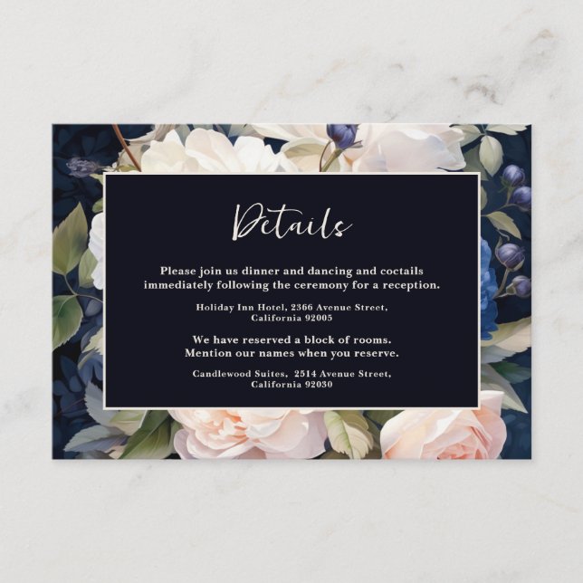 Carte D'accompagnement Mariage floral bleu bleu marine et bleu roux (Devant)