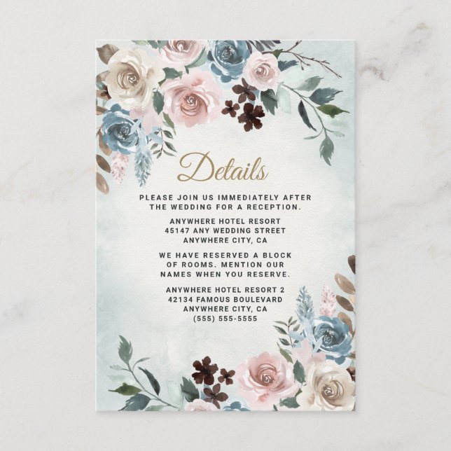 Carte D'accompagnement Mariage floral bleu et rose pâle (Devant)