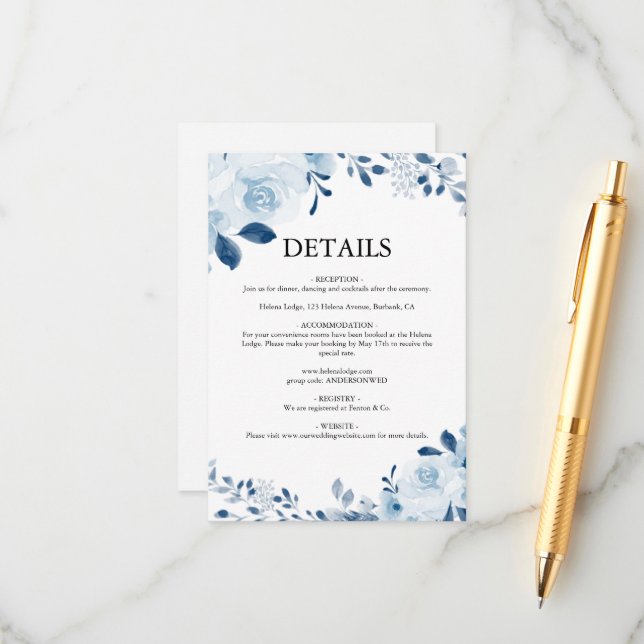 Carte D'accompagnement Mariage Floral bleu français moderne (Devant/Arrière en situation)