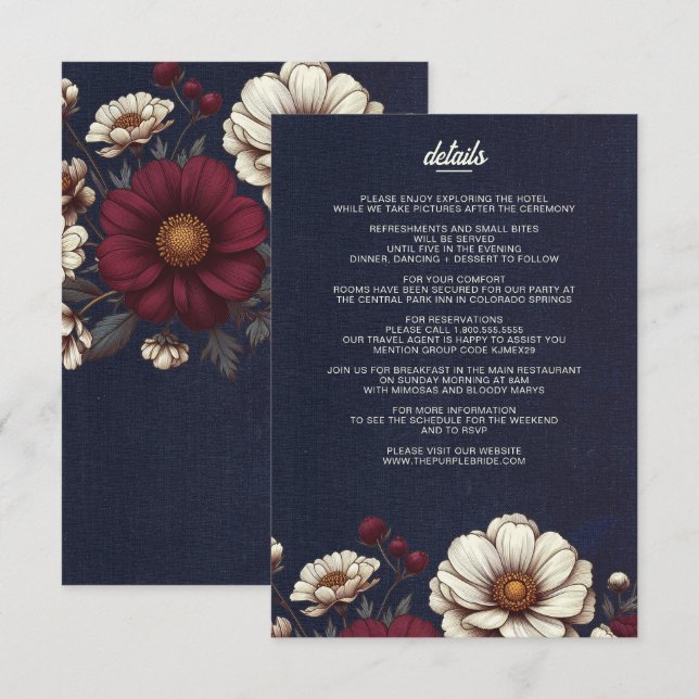 Carte D'accompagnement Mariage floral bleu marine et bourgogne (Devant / Derrière)