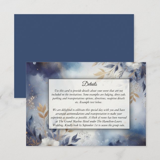 Carte D'accompagnement Mariage floral bleu marine et or (Devant / Derrière)