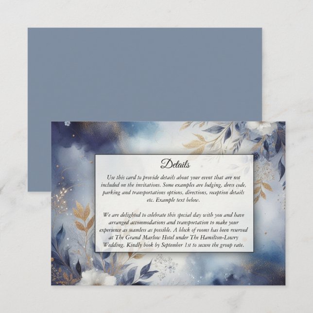 Carte D'accompagnement Mariage floral bleu marine et or (Devant / Derrière)