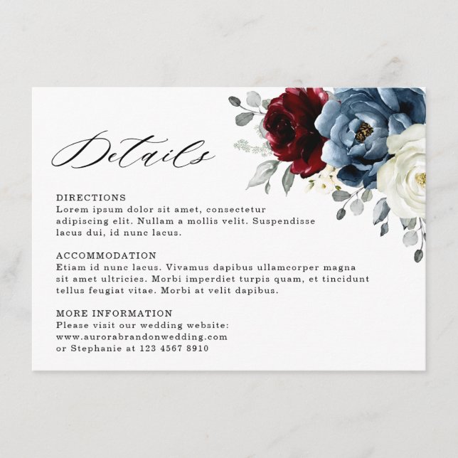 Carte D'accompagnement Mariage floral d'ivoire blanc bleu ardoise (Devant)